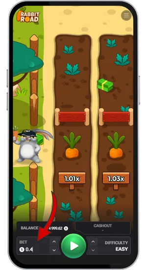 Setting stake between &pound;0.01 and &pound;5,000 in Rabbit Road
